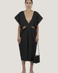 Cut Out V-Neck Dress - Black Parchment Poplin